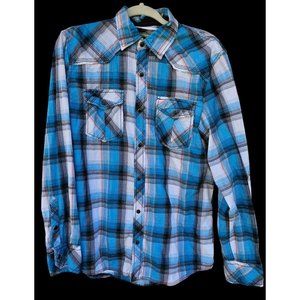 BKE Western Shirt Mens M Blue Plaid Button-Up Slim Fit Long Sleeve Snap